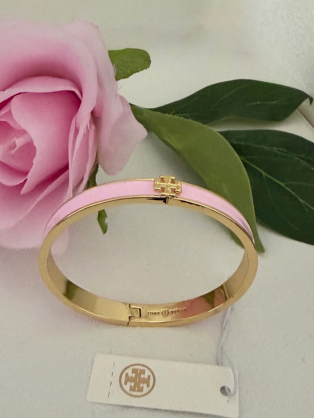 Tory Burch Pale Pink Enamel Gold Logo Bangle